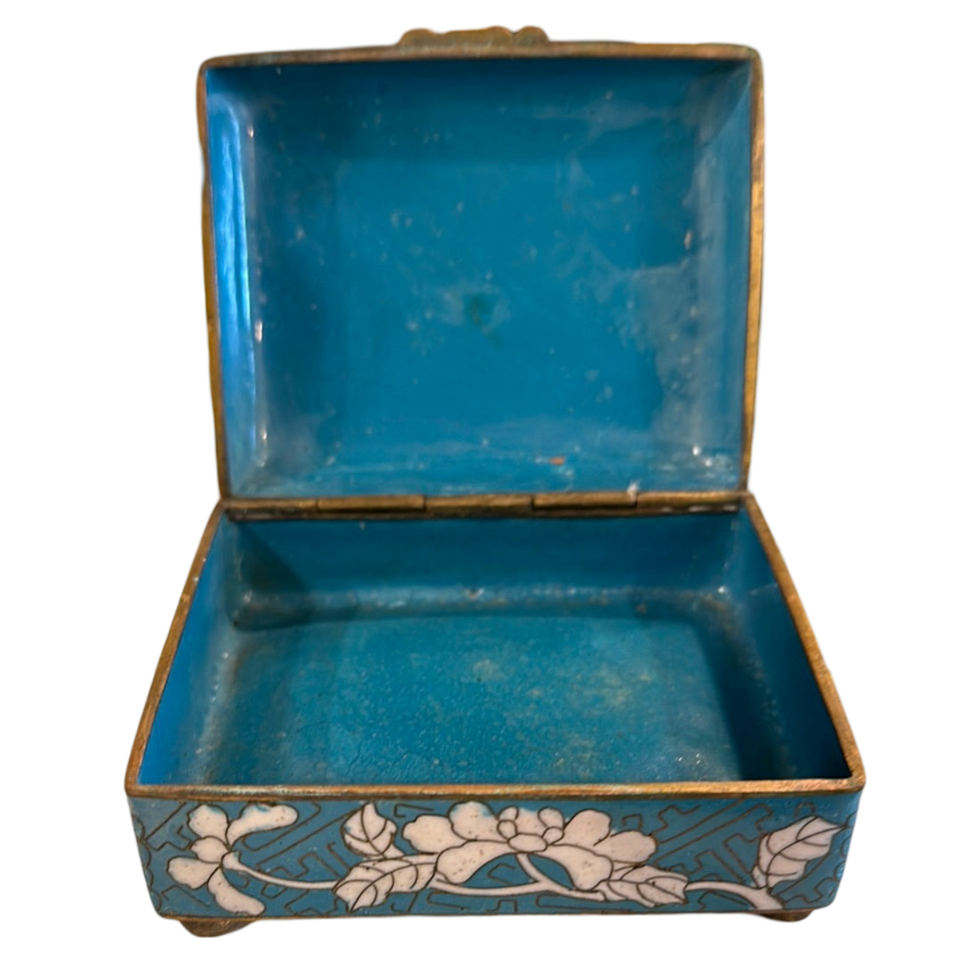 Turquoise & White Floral Cloisonne Small Rectangular HInged Box