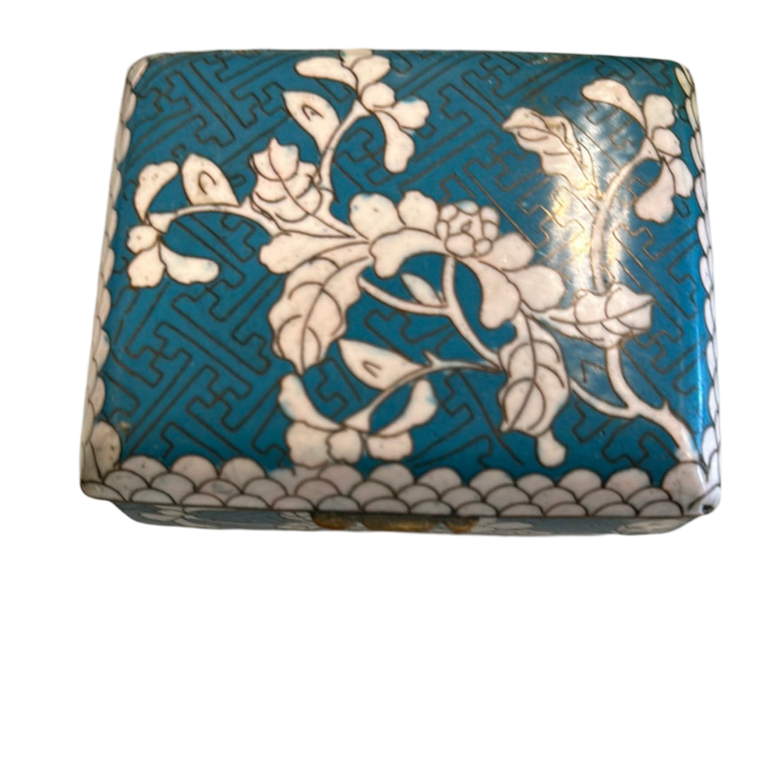Turquoise & White Floral Cloisonne Small Rectangular HInged Box