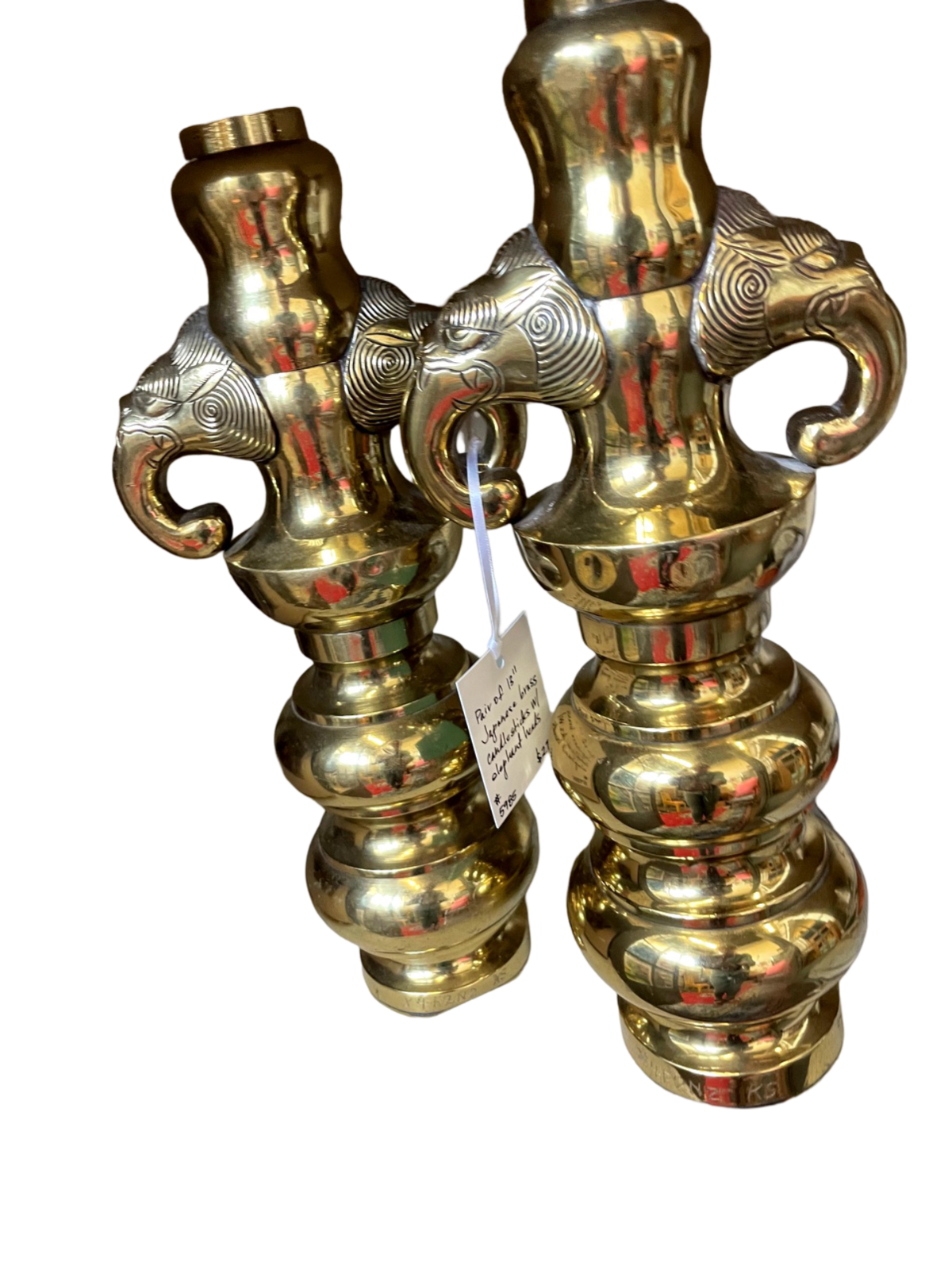 Pair of 13" Japanese Brass Candlesticks w/ Elephant Heads