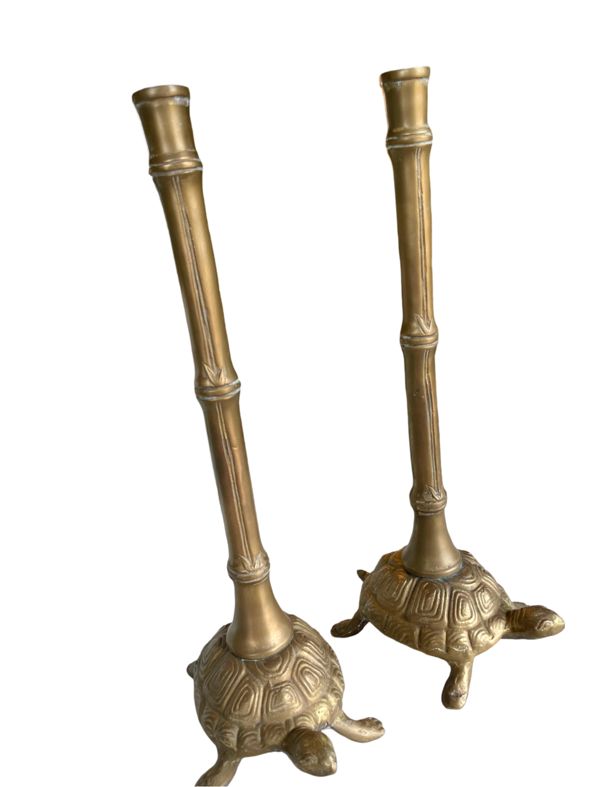 Pair of 17" Vintage Brass Turtle and Faux Bamboo Candlesticks