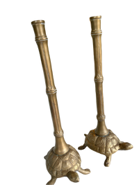 Pair of 17" Vintage Brass Turtle and Faux Bamboo Candlesticks