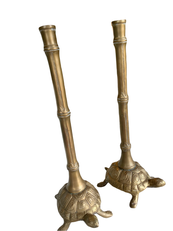 Pair of 17" Vintage Brass Turtle and Faux Bamboo Candlesticks
