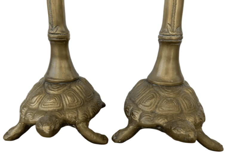Pair of 17" Vintage Brass Turtle and Faux Bamboo Candlesticks