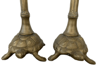 Pair of 17" Vintage Brass Turtle and Faux Bamboo Candlesticks
