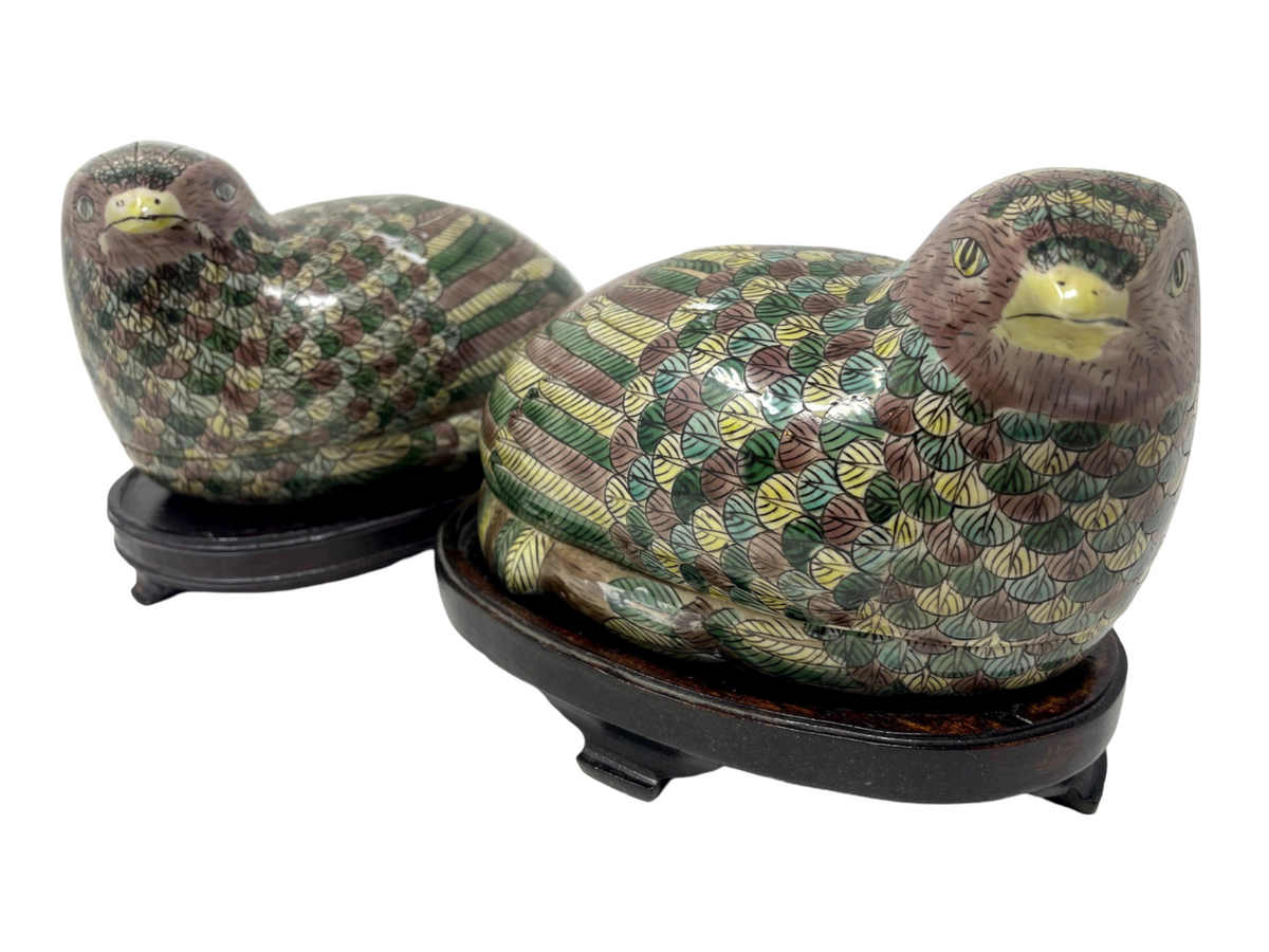 Pair of Porcelain Chinese Bird Boxes on Stands
