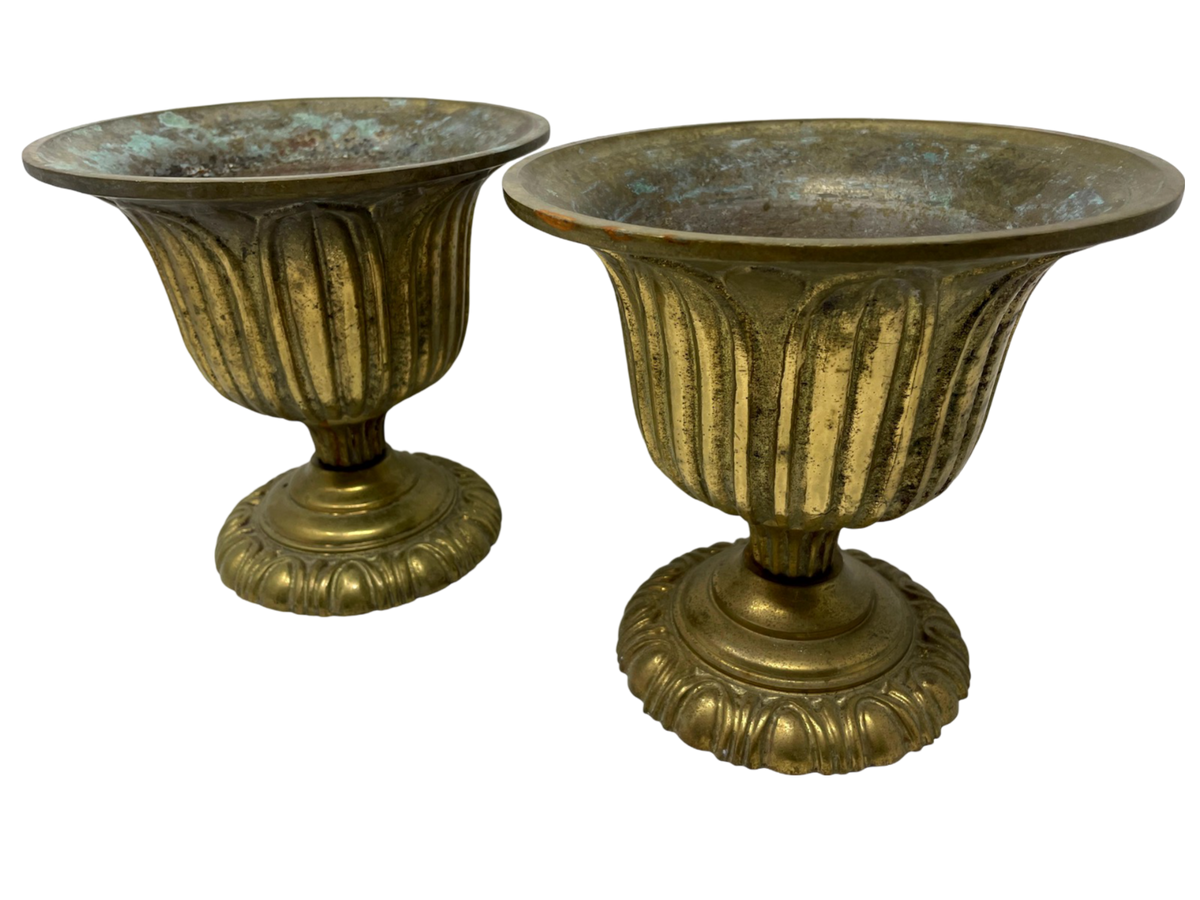 Pair of Heavy Brass flutted 10" Urns with feet