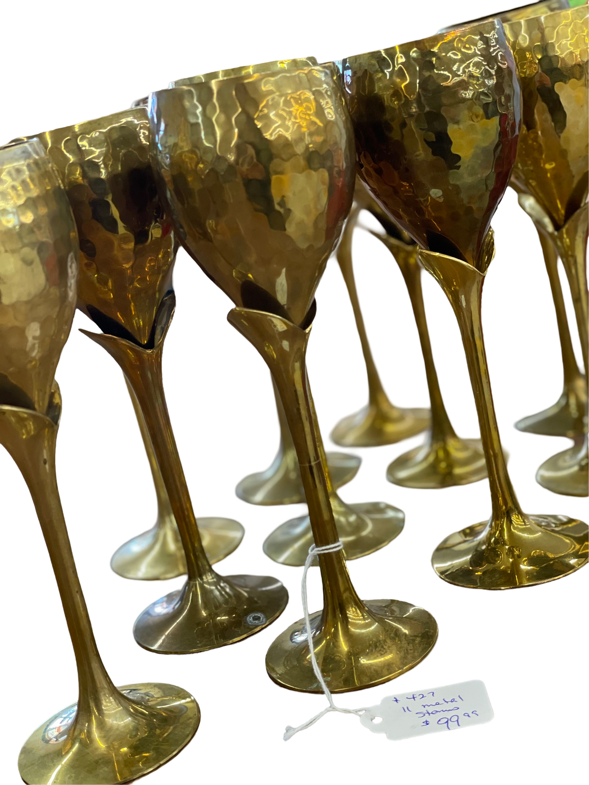Set of 11 Hammered Brass "Tulip" Wine Glasses