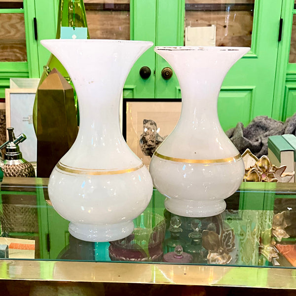 Pair of White Opaline Vases w/ gold line