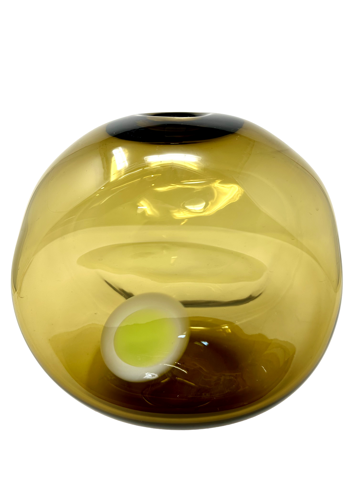 Amber Dimpled Round Art Glass w/ Green Circle on Front