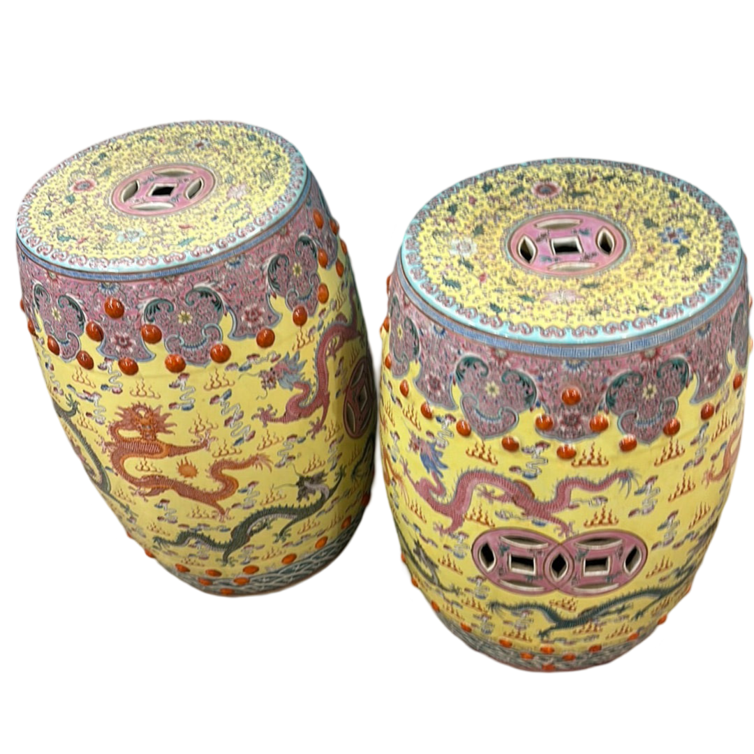 Pair of Chinese Vintage Garden Stools, yellow