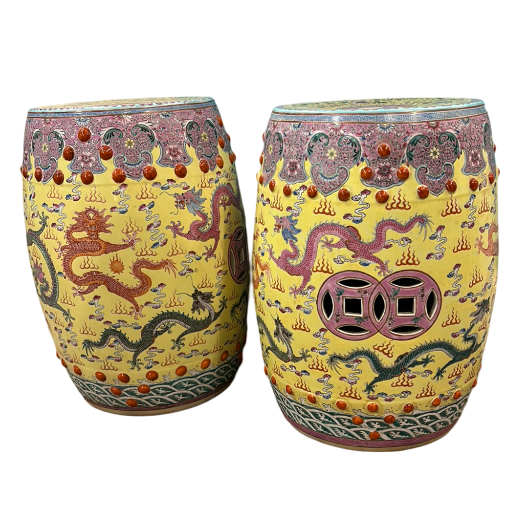 Pair of Chinese Vintage Garden Stools, yellow