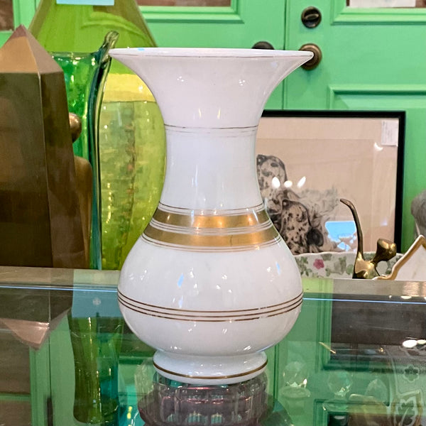 White Opaline 6" Vase w/ thick Gold lines