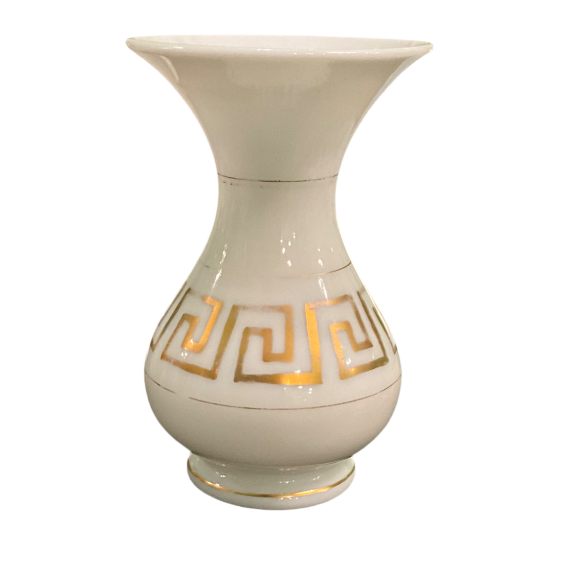 White Opaline Vase w/ Gold Greek Key band