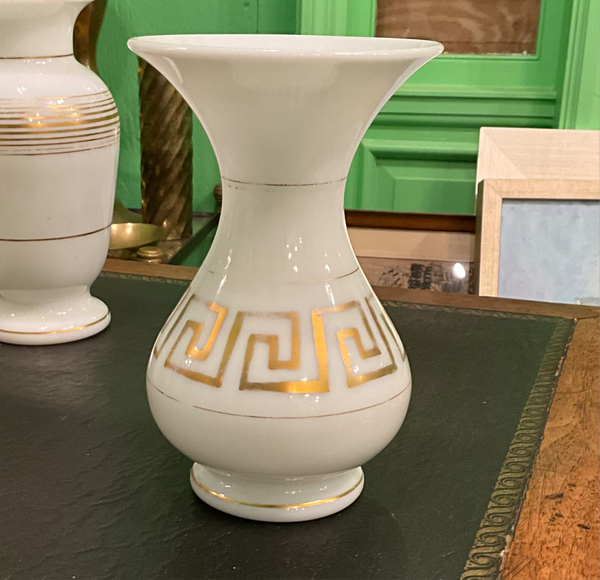 White Opaline Vase w/ Gold Greek Key band