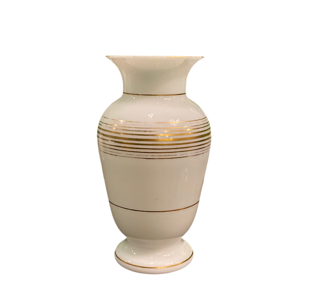 White Opaline 8" Vase w/ multiple gold lines