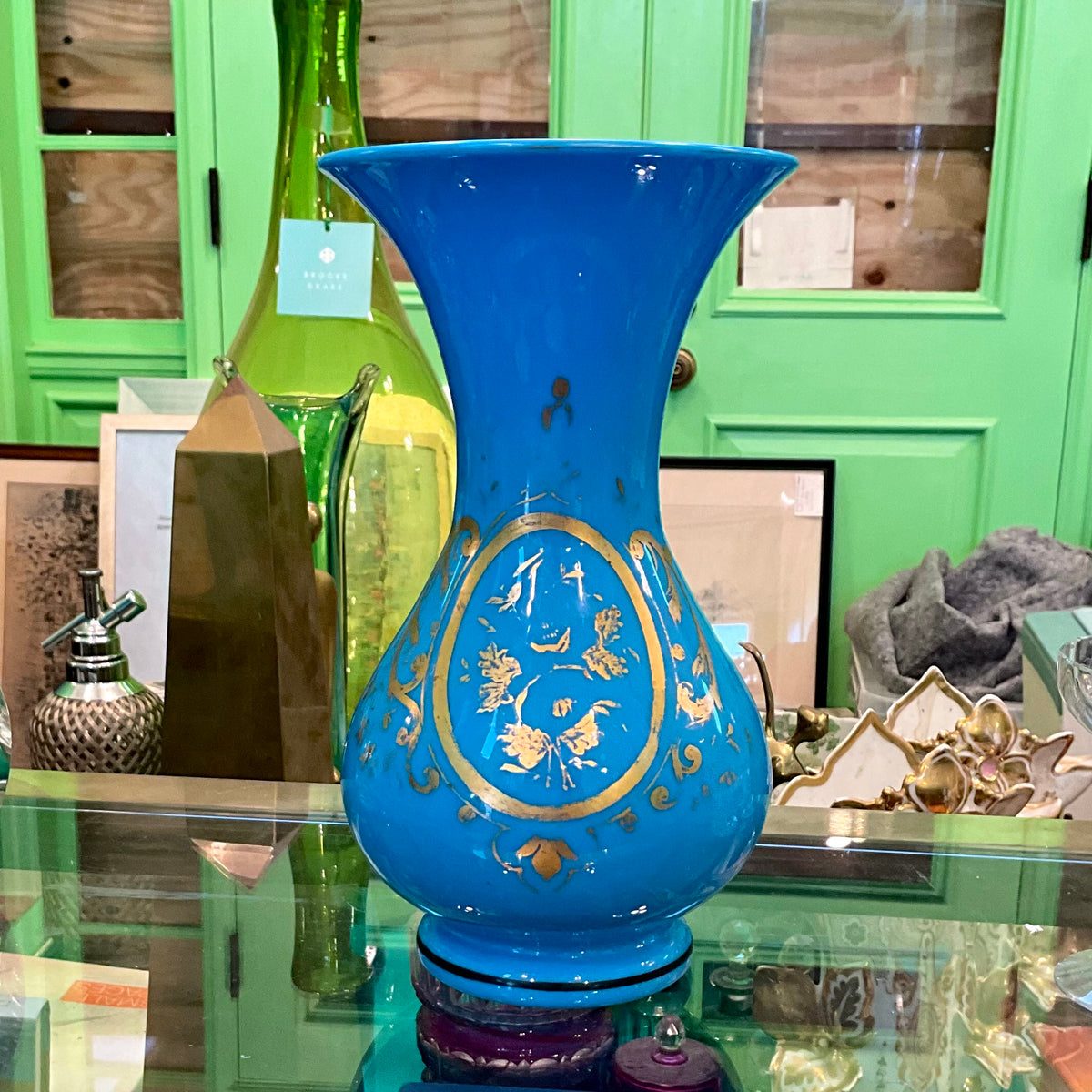 Blue Opaline Vase w/ Gold scroll design