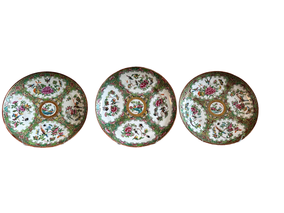 Set of 3 Rose Canton 8.5" Plates, Great Gold Leaf