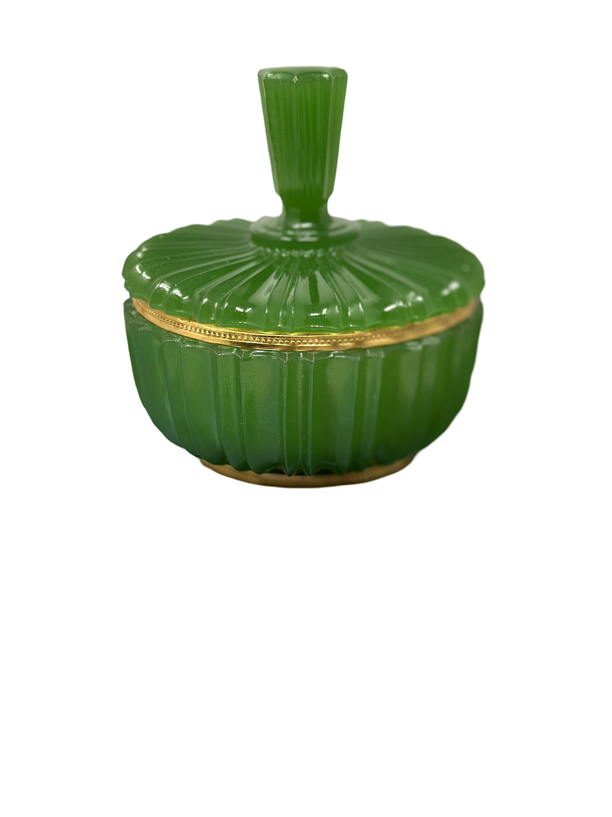 Emerald Green Opaline Fluted Round Box w/ Brass Trim