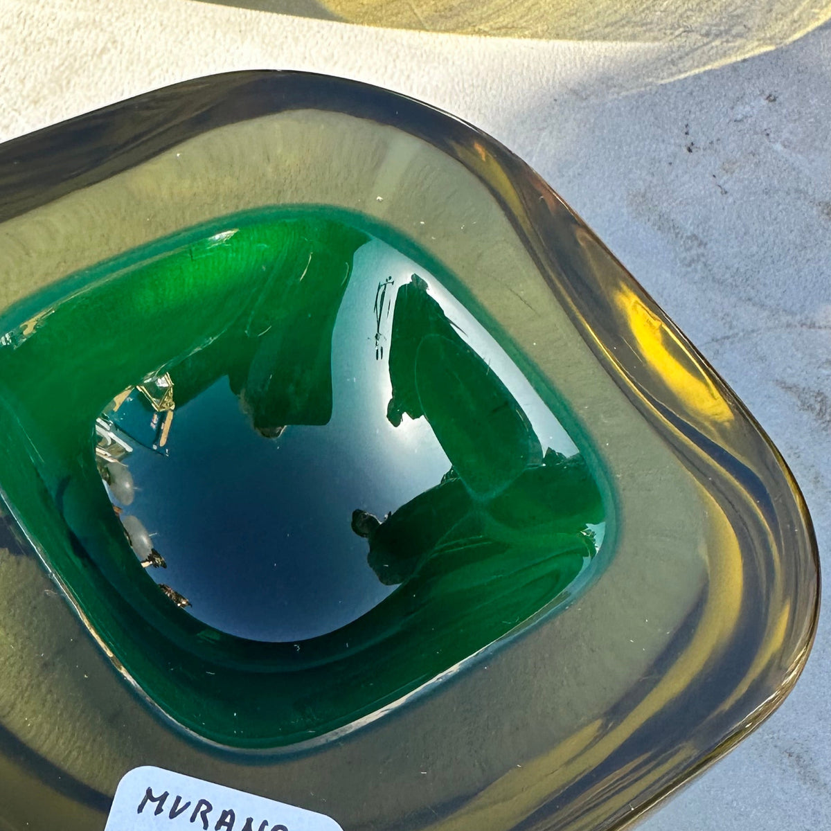 Green Murano bowl, square w/ bubbles