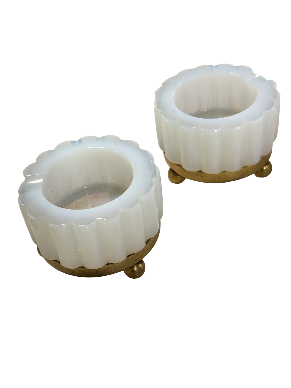 White Fluted Opaline Ashtray w/ Brass Feet
