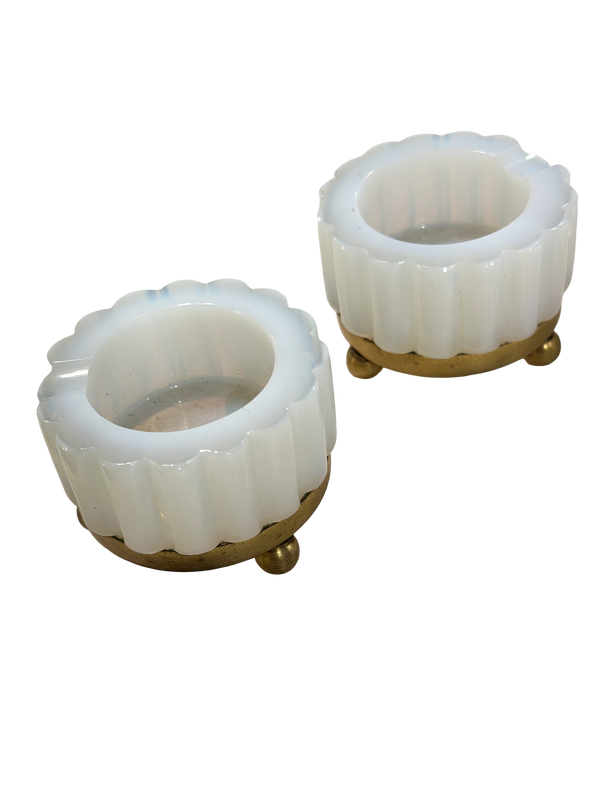 White Fluted Opaline Ashtray w/ Brass Feet