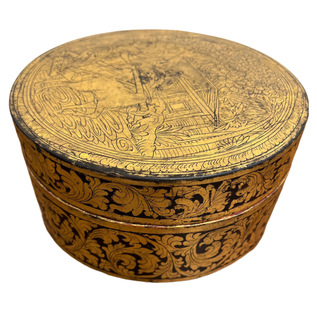 9" Asian Gold Leaf & Black Round Box