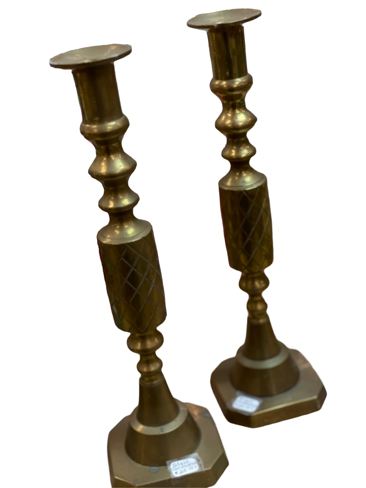 Pair of 12" Brass Criss-Cross Etched Candlesticks