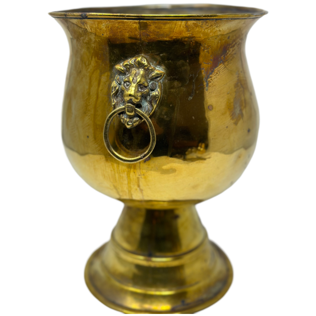 Brass lions head footed planter
