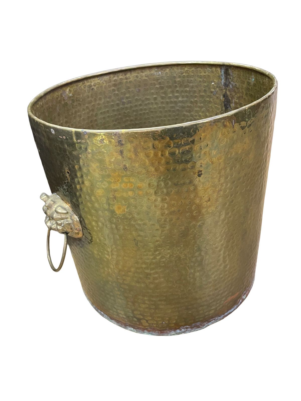 XL Hammered Brass Round Planter w/ Lion Handles