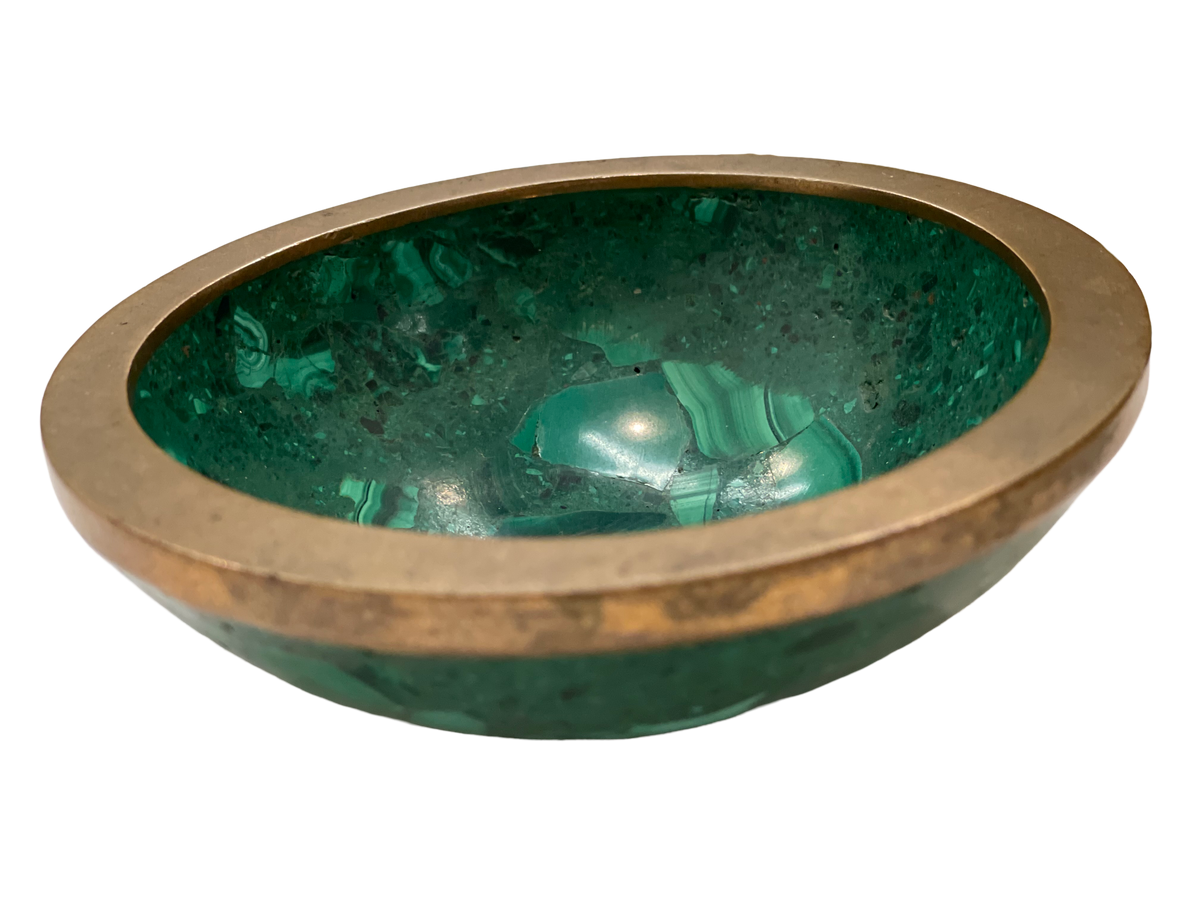 vintage solid malachite 4.5" bowl w/ brass rim