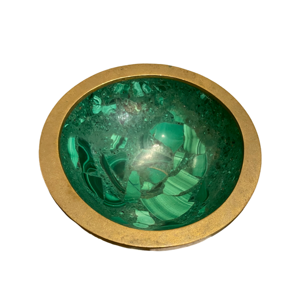 vintage solid malachite 4.5" bowl w/ brass rim