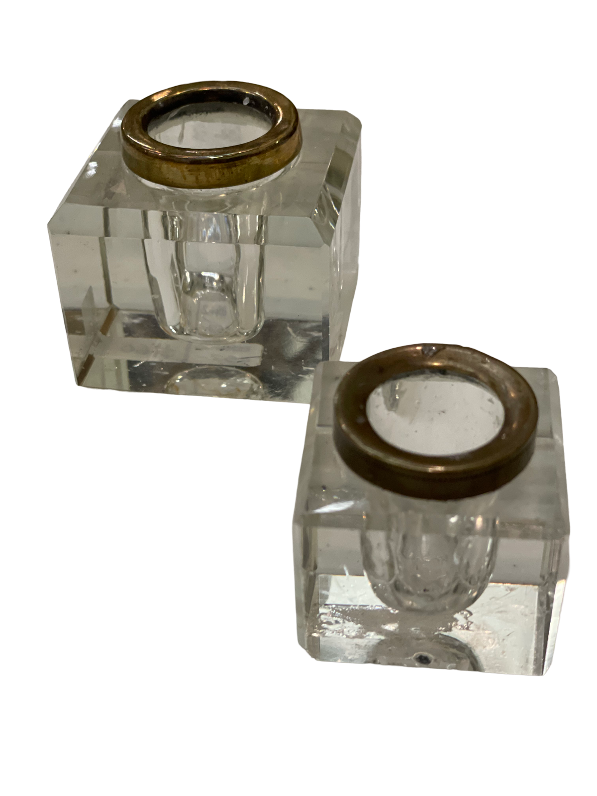 Pair of Beveled Glass & Brass Rimmed Square Candleholders