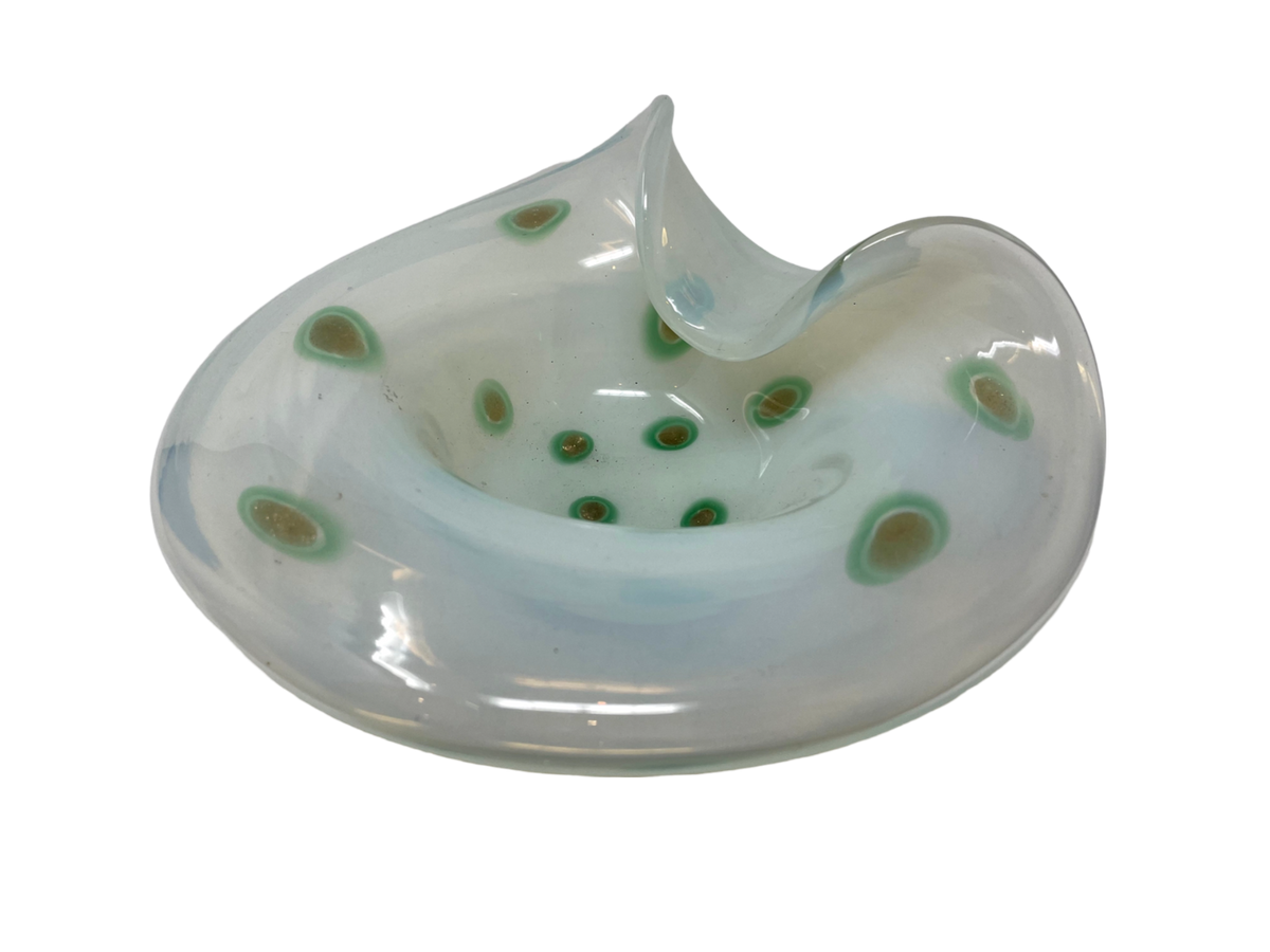 White Murano bowl Green & Gold circles
