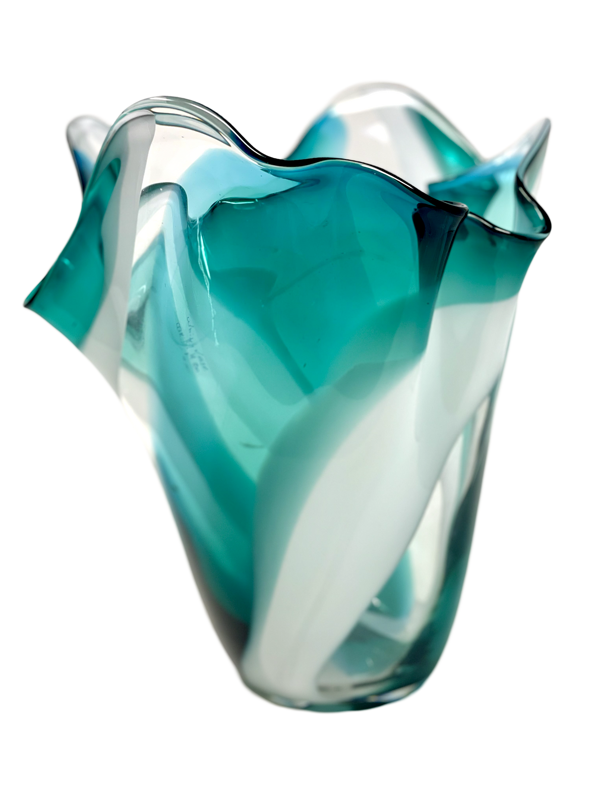 Aqua Art Glass Vase with White Swirl