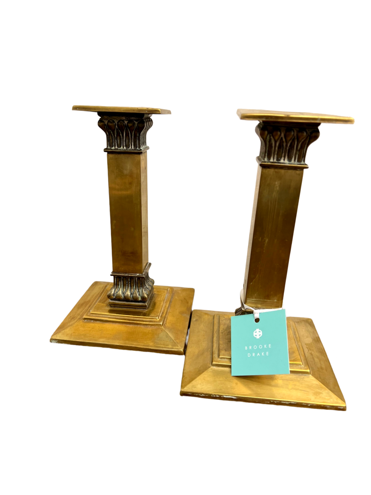 Pair of 8.5" Brass Art Deco Candlesticks, 5" Sauare Base