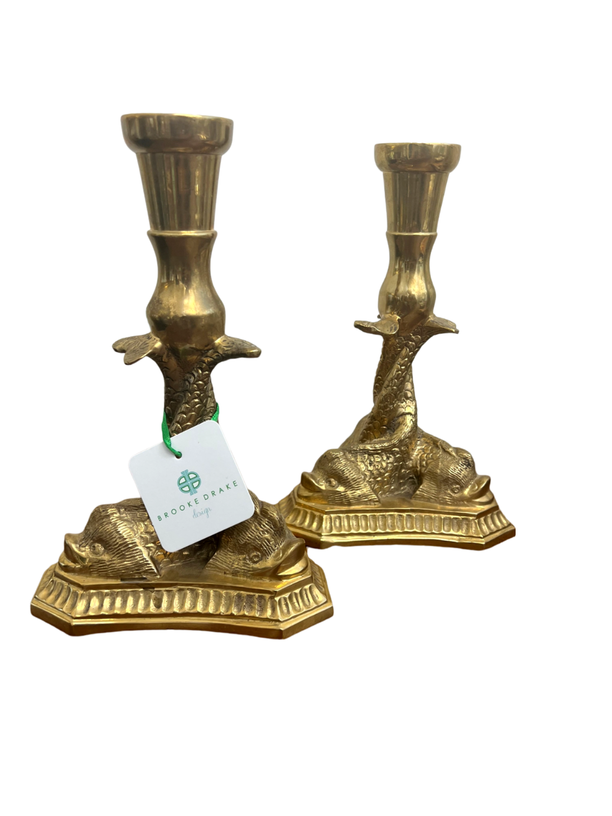 Pair of 9" Heavy Brass Koi Fish Candlesticks