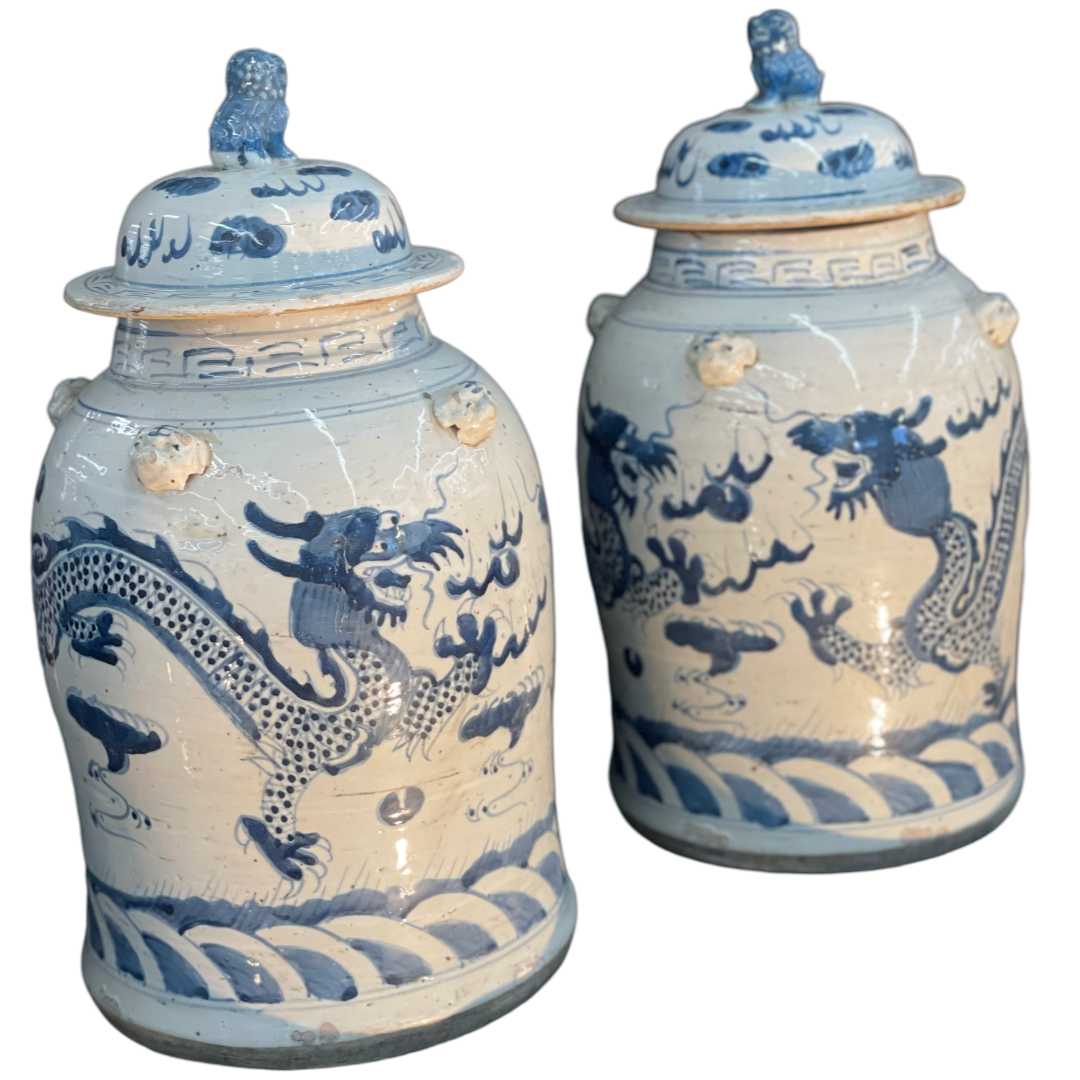 Pair of 24" Blue & White Temple Jars w/ Foo Dog Finials