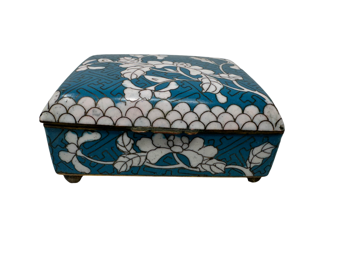 Turquoise & White Floral Cloisonne Small Rectangular HInged Box