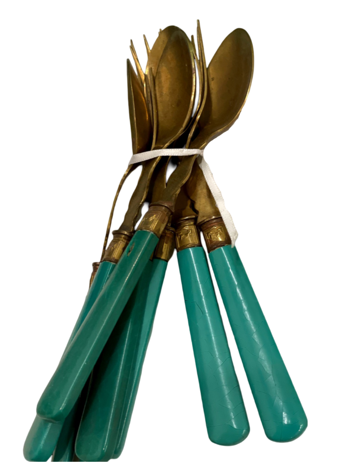 Set of 6 Sauzedde Teal Celluloid & Brass Flatware