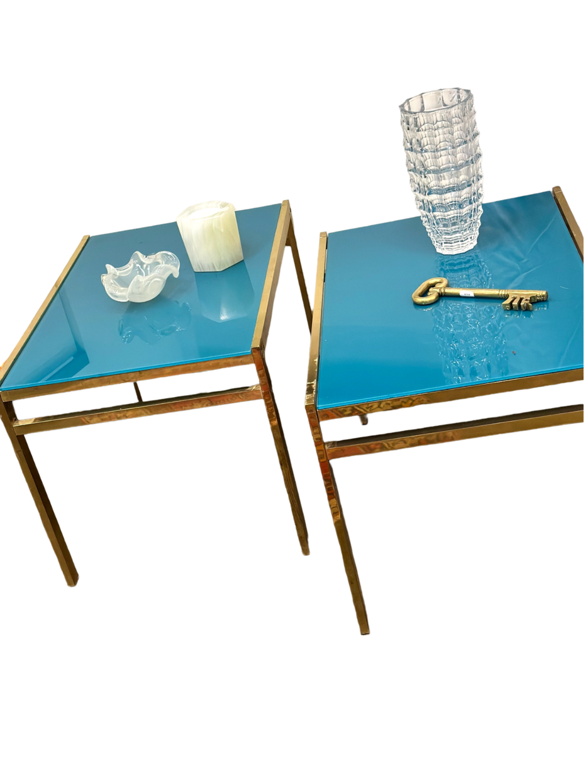 Pair of Mid Century Brass Cocktail Tables w/ TQ Glass