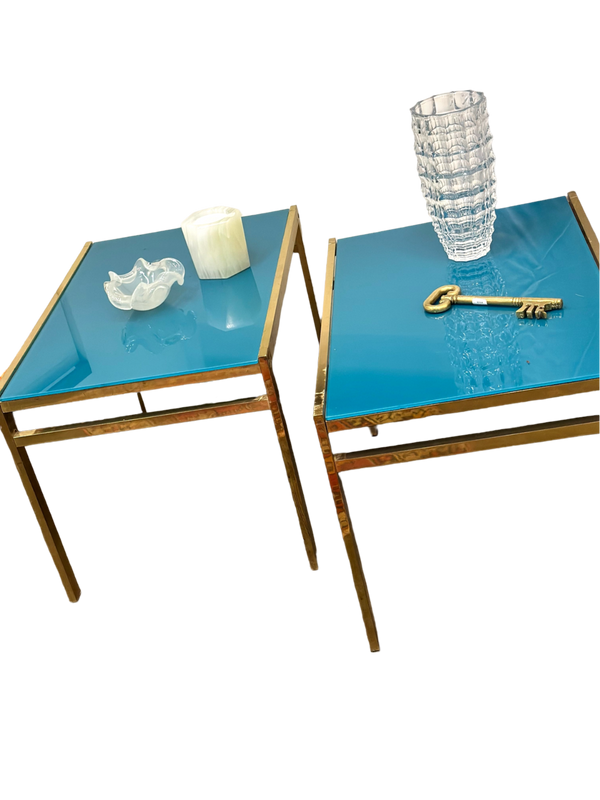 Pair of Mid Century Brass Cocktail Tables w/ TQ Glass