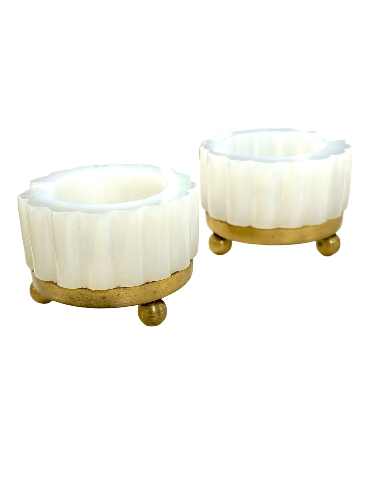 White Fluted Opaline Ashtray w/ Brass Feet