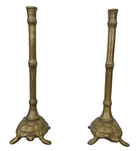 Pair of 17" Vintage Brass Turtle and Faux Bamboo Candlesticks