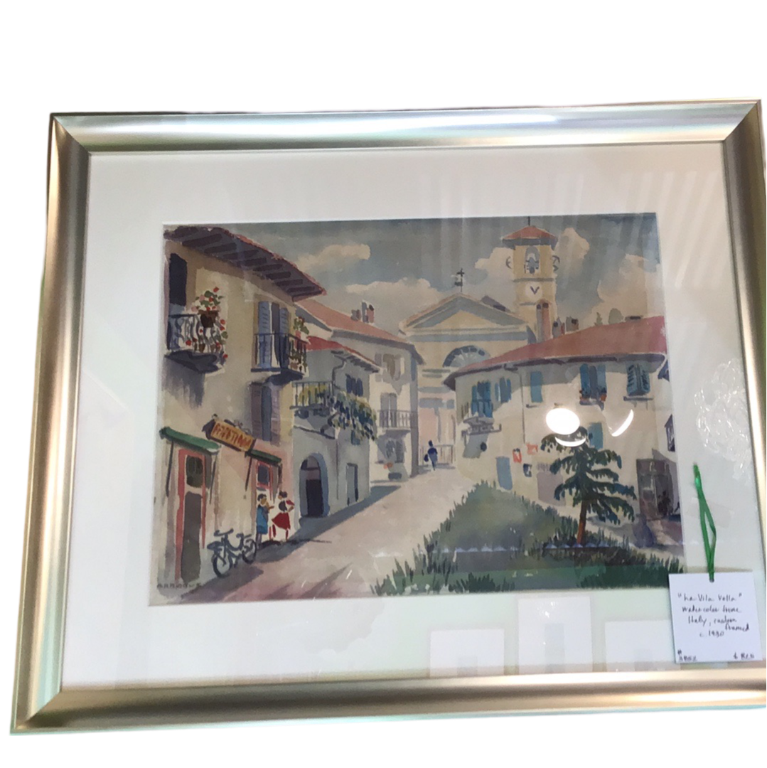 "La Vila Vella" Watercolor of Italian Village, c. 1930