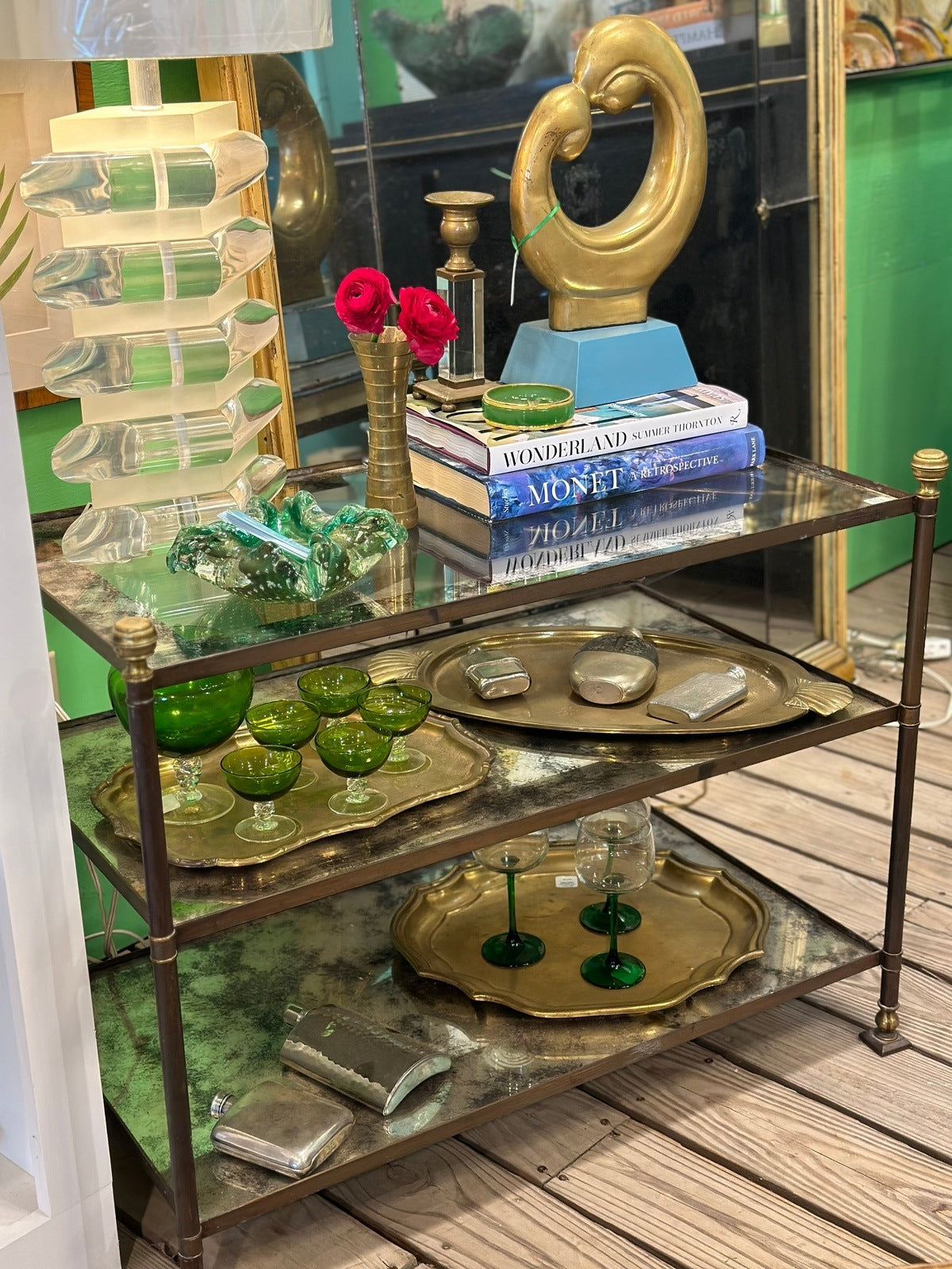 Brass 3-tier etagere with mirrored glass
