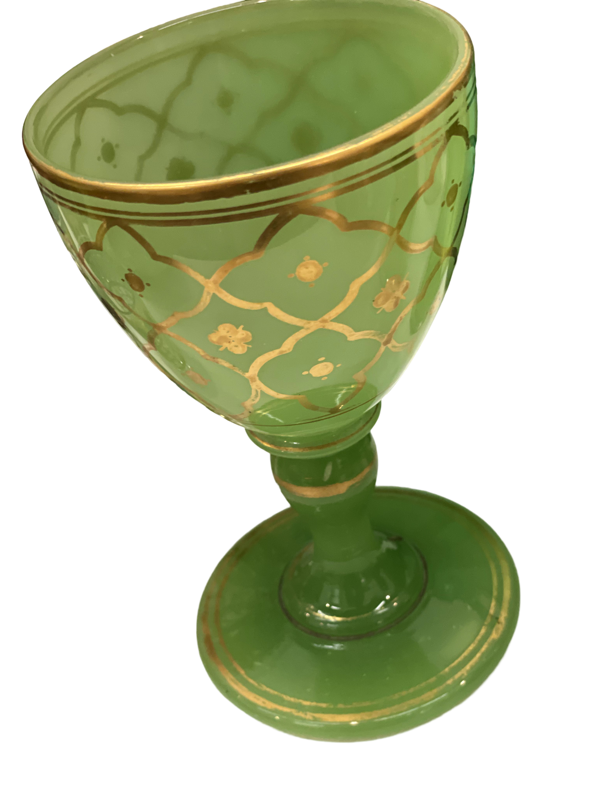 French Opaline Goblet, Apple Green w/ Gold Design