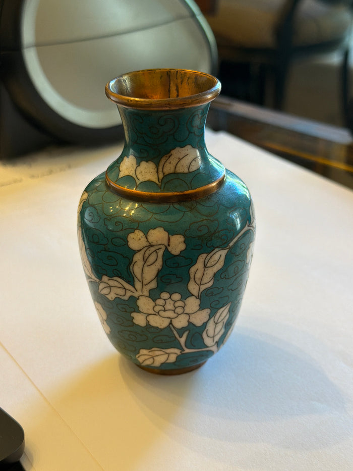 Cloisonné enamel turquoise vase with white floral decoration