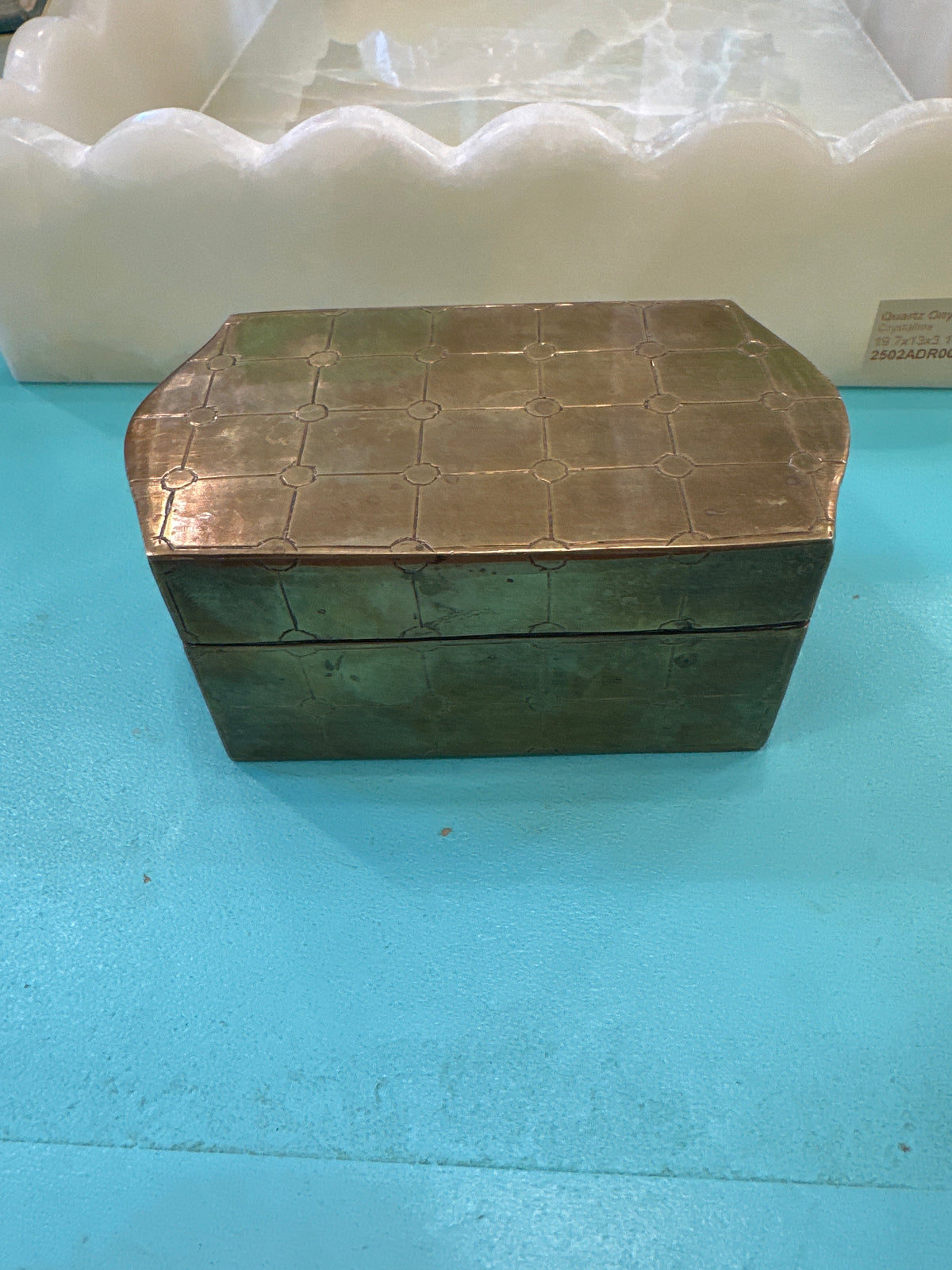 Brass hinged box with etched squares, small