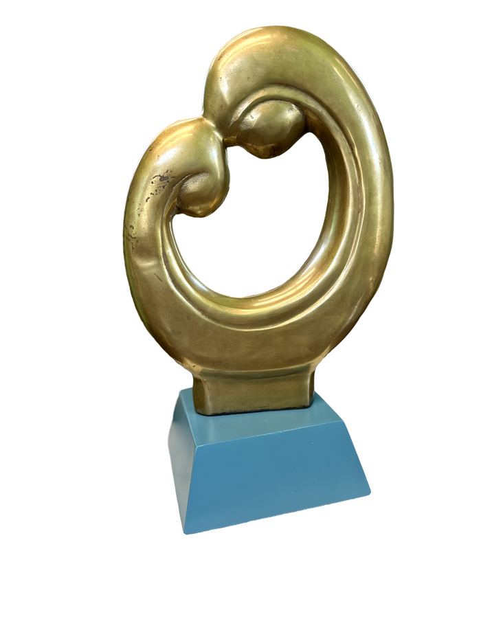 Vintage Brass Sculpture on Painted Blue Wood Base
