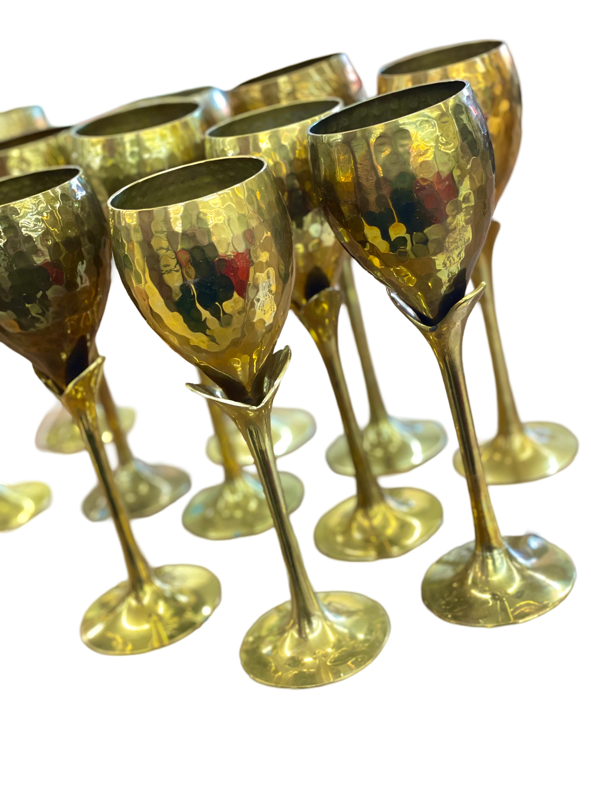 Set of 11 Hammered Brass "Tulip" Wine Glasses